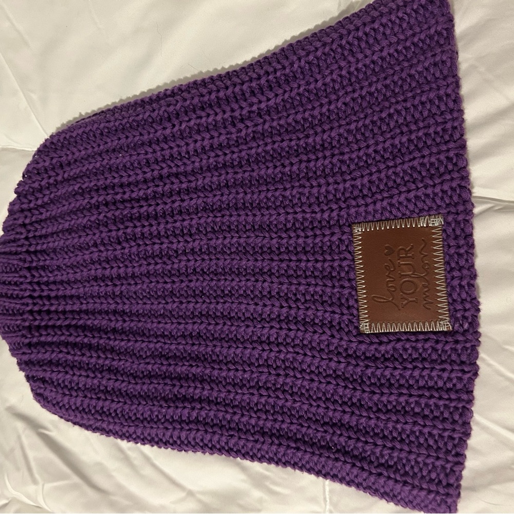 Love Your Melon Purple Knit Beanie with Brown Patch